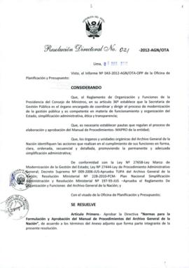 Resolución Directoral N° 021-2012-AGN/OTA