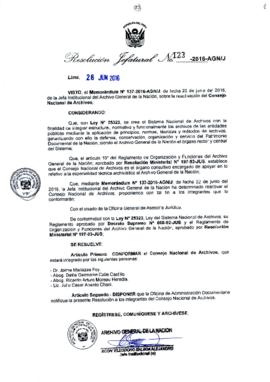 Resolución Jefatural N° 123-2016-AGN/J