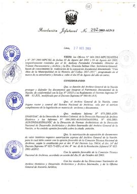 Resolución Jefatural N° 292-2003-AGN/J