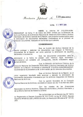 Resolución Jefatural N° 139-2004-AGN/J