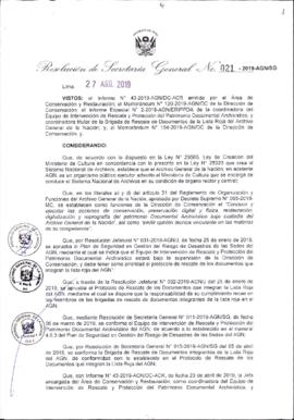 Resolución de Secretaría General N° 021-2019-AGN/SG