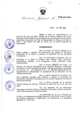 Resolución Jefatural N° 158-2003-AGN/J