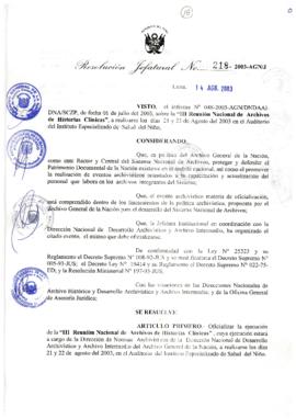 Resolución Jefatural N° 218-2003-AGN/J
