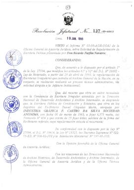 Resolución Jefatural N° 137-1999/AGN/J