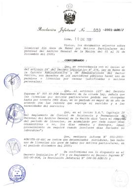Resolución Jefatural N°010-2001/AGN/J
