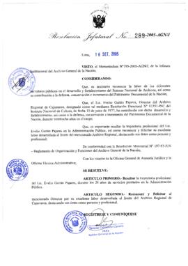 Resolución Jefatural N° 289-2005-AGN/J