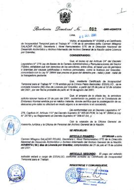 Resolución Directoral N° 012-2001-AGN/OTA