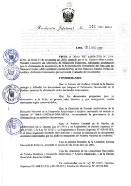 Resolución Jefatural N° 141-2001/AGN/J