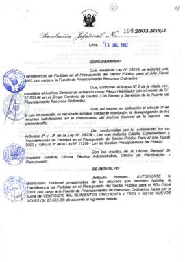 Resolución Jefatural N° 190-2003-AGN/J