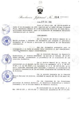 Resolución Jefatural N° 014-2000/AGN/J
