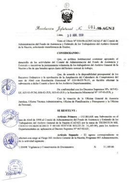 Resolución Jefatural N° 081-1998/AGN/J