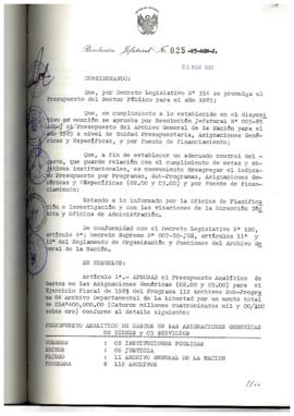 Resolución Jefatural N° 025-1985/AGN/J