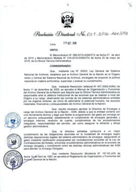 Resolución Directoral N° 031-2016-AGN/OTA