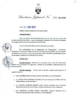 Resolución Jefatural N° 116-2012-AGN/J