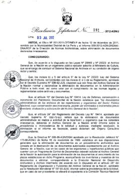 Resolución Jefatural N° 191-2012-AGN/J