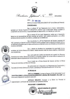 Resolución Jefatural N° 067-2016-AGN/J