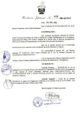 Resolución Jefatural N° 083-1998/AGN/J