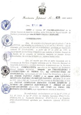 Resolución Jefatural N° 420-2001/AGN/J