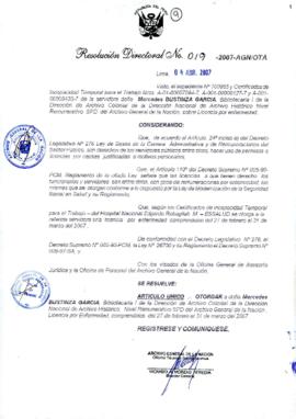 Resolución Directoral N° 019-2007-AGN/OTA
